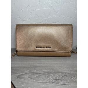 Michael‎ Kors Gold Leather Jet Set Travel Wallet On Crossbody Chain - Pale Gold